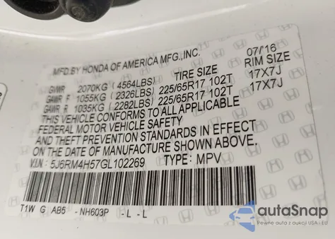 2016 Honda Cr-V Ex from USA, damaged, VIN 5J6RM4H57GL102269